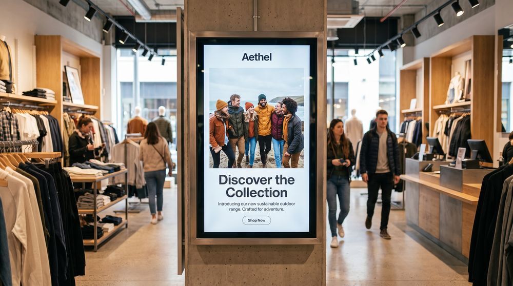 Advertising screen displaying a promotional campaign inside a modern retail store