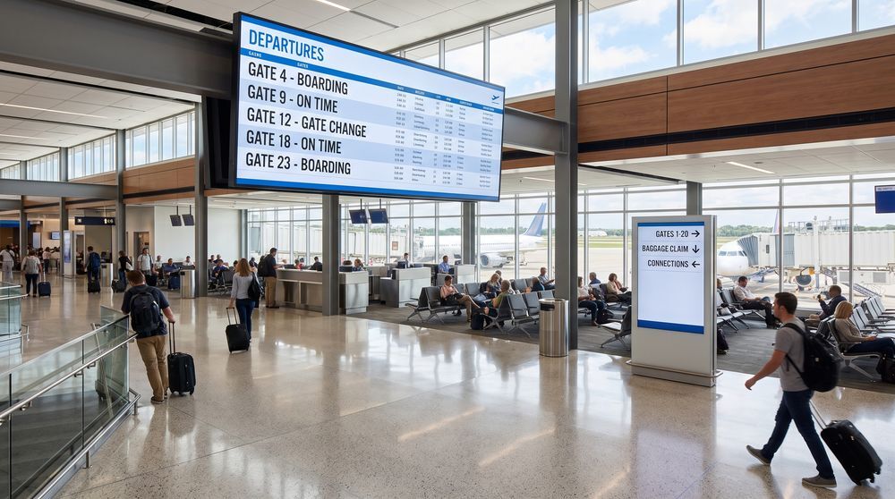 Airport digital signage displaying flight information and gate directions across a modern terminal