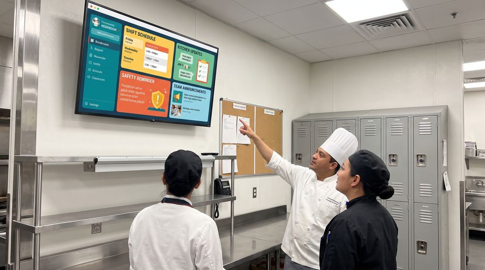 Back-of-house restaurant screen displaying staff schedules, kitchen updates and safety reminders