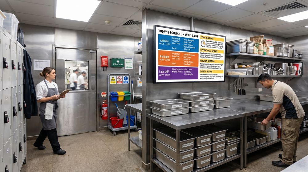 Back-of-house restaurant screen displaying staff schedules, reminders and operational updates