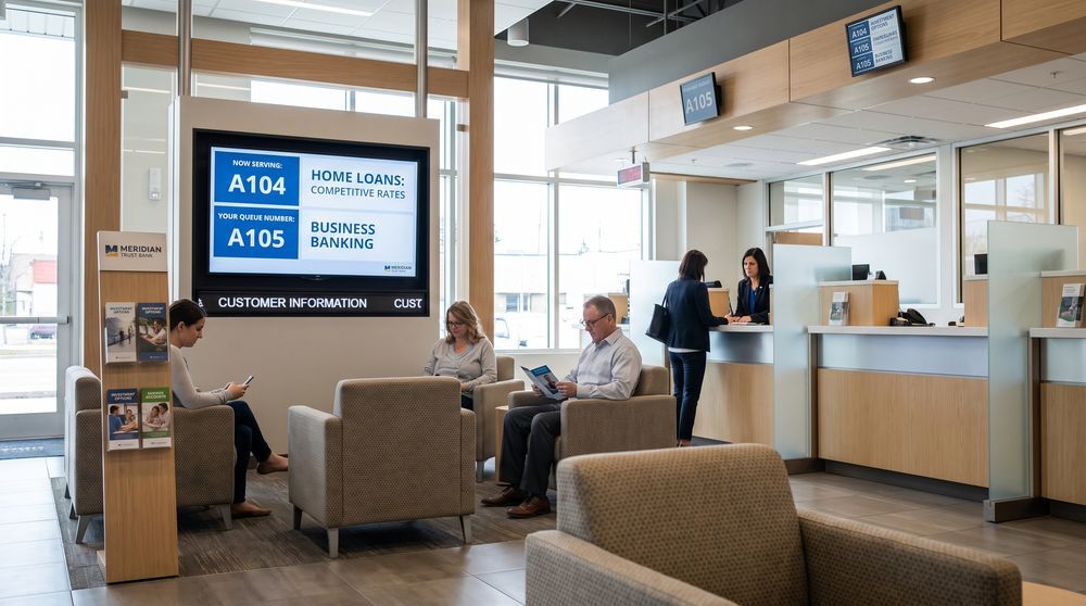 Bank branch digital signage displaying queue status and customer service information