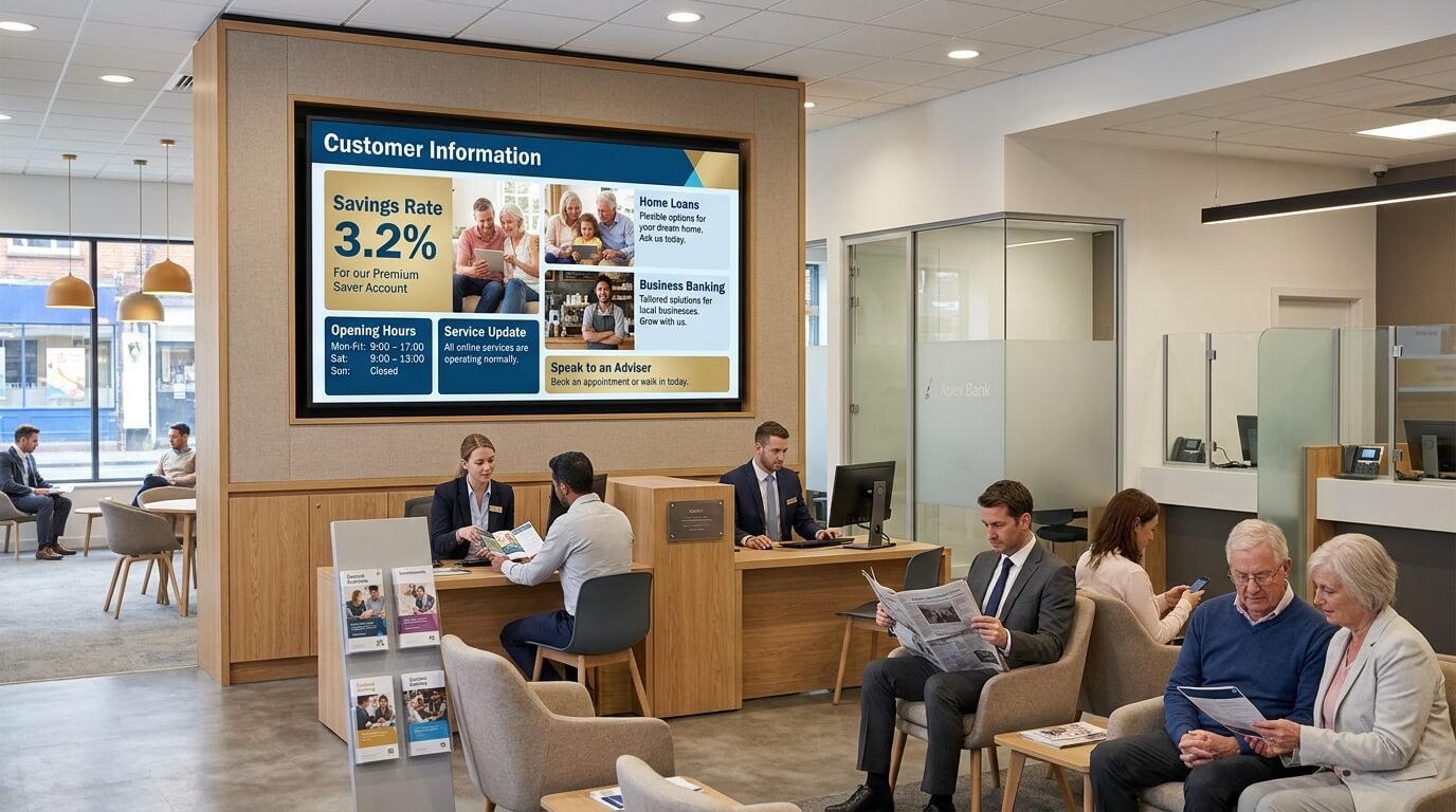 Bank branch screen displaying interest rates, product information, opening hours and service updates