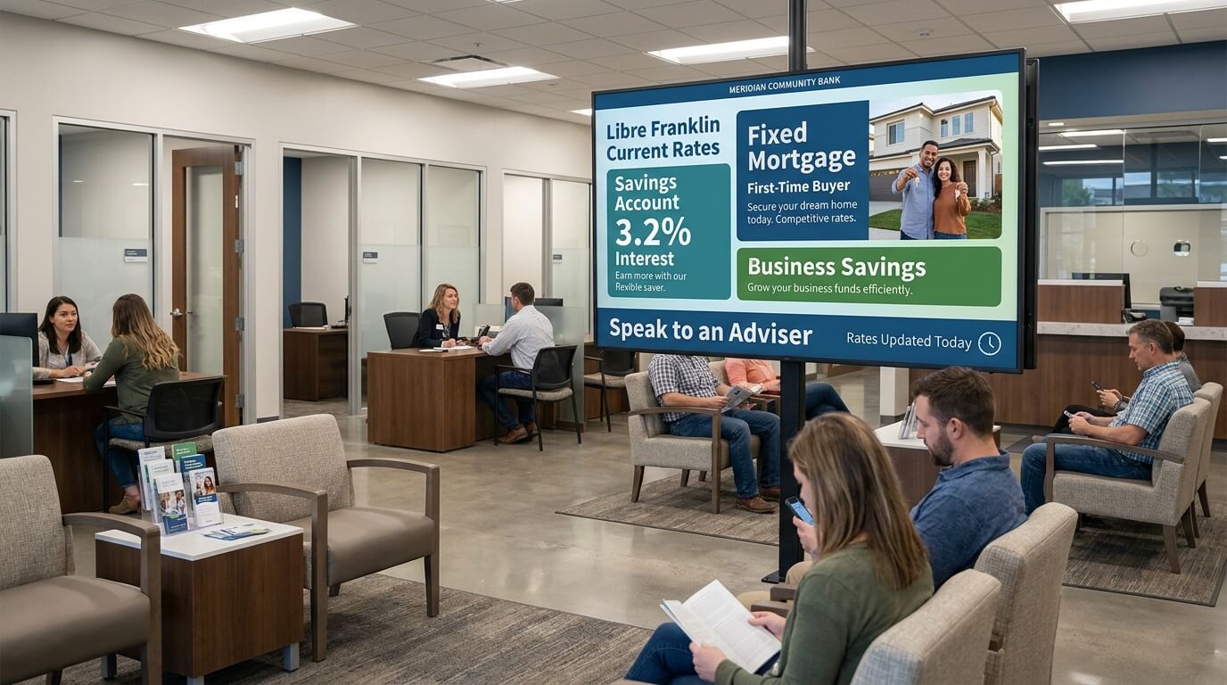 Bank lobby screen displaying current interest rates, mortgage products and savings offers
