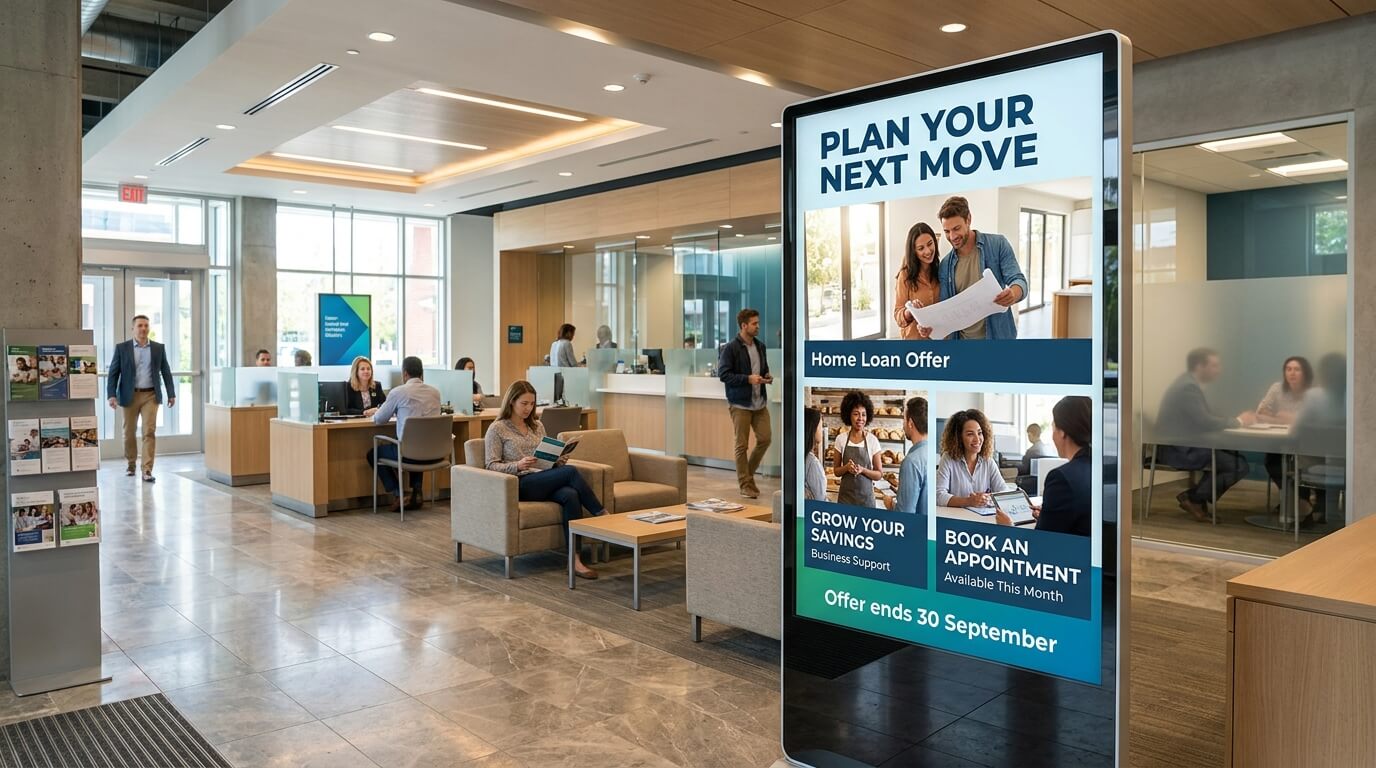 Bank promotional screen displaying scheduled home loan, savings and business campaigns