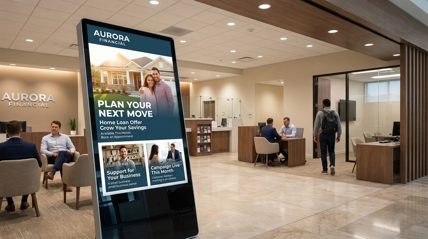 Bank promotional screen displaying scheduled mortgage, savings and business campaigns