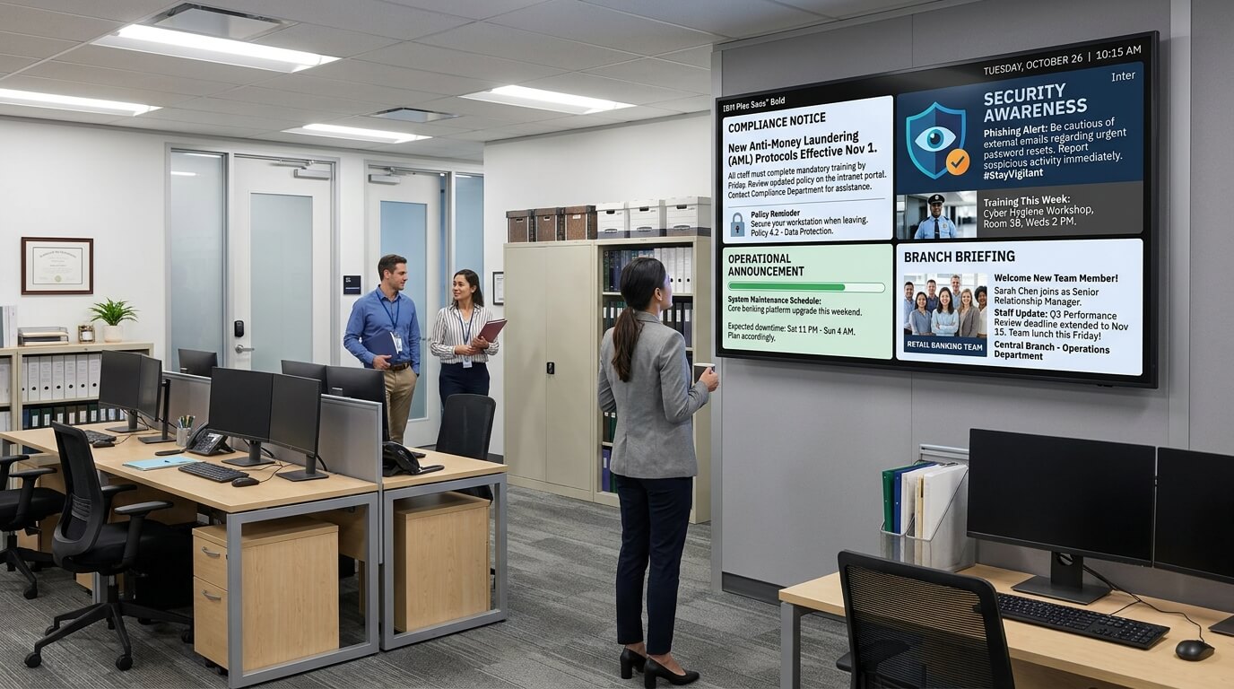 Bank staff communication screen displaying internal updates, compliance notices and operational announcements