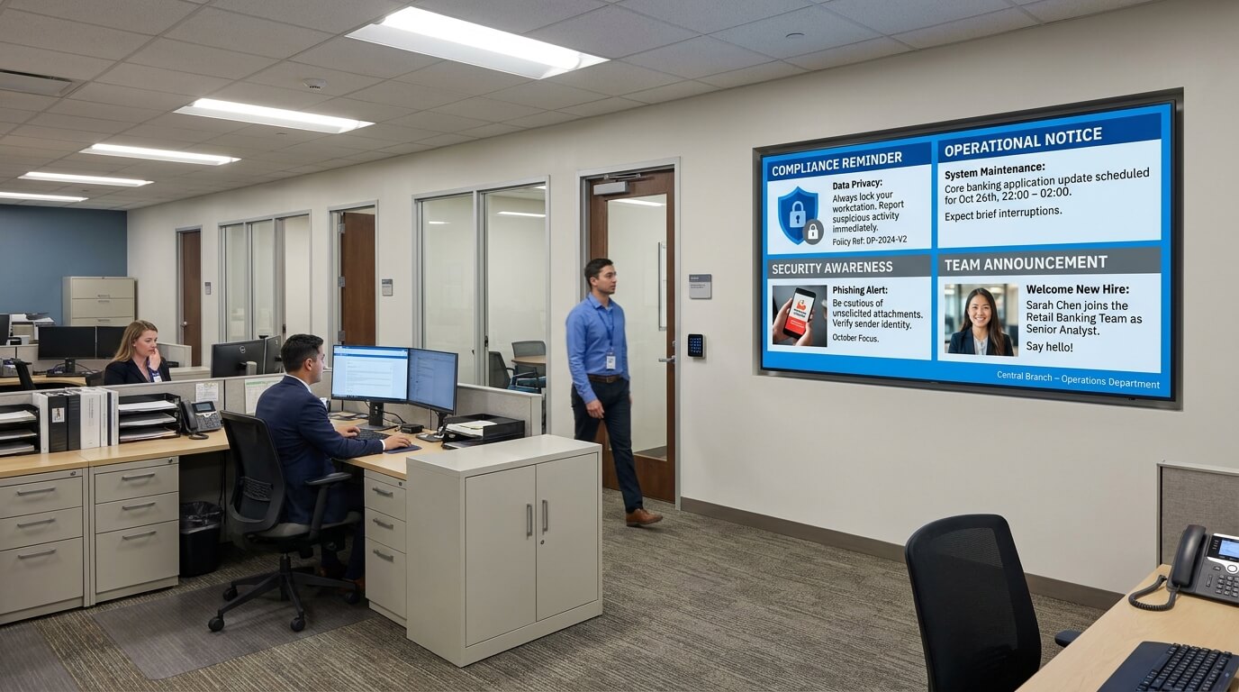 Bank staff screen displaying compliance reminders, operational updates and internal announcements