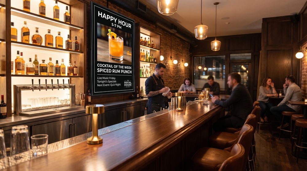 Bar digital signage displaying happy hour offers, drinks specials and upcoming events