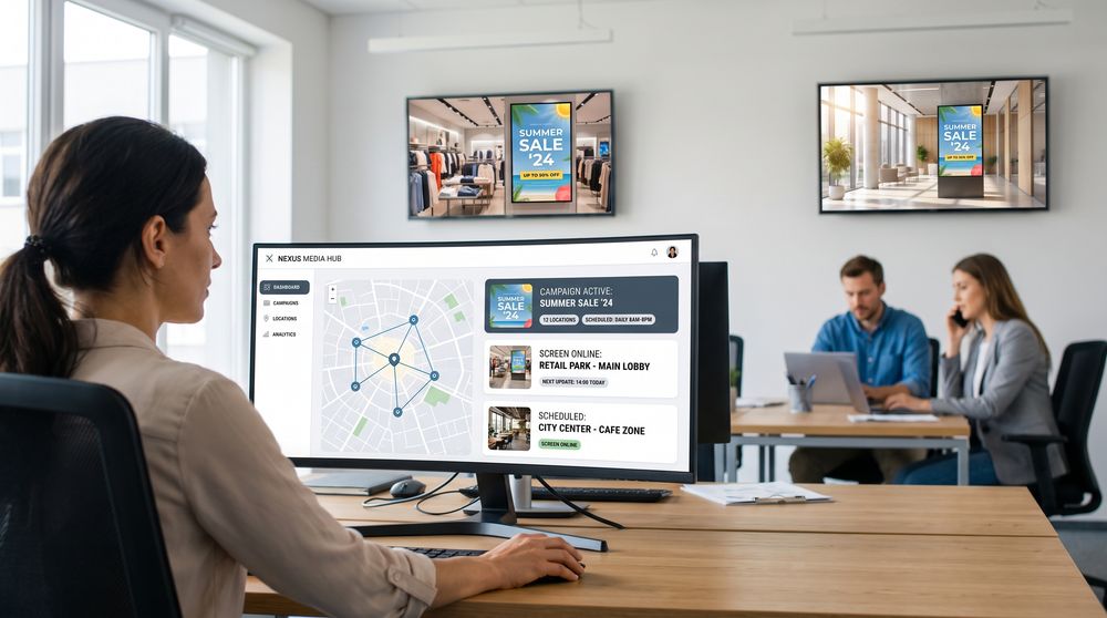 Central advertising platform managing campaigns across screens at multiple locations