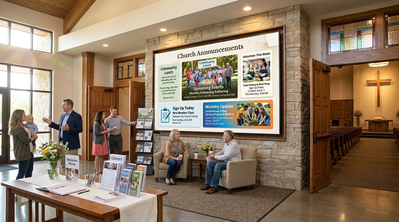Church announcement screen displaying upcoming events, volunteer opportunities and ministry news