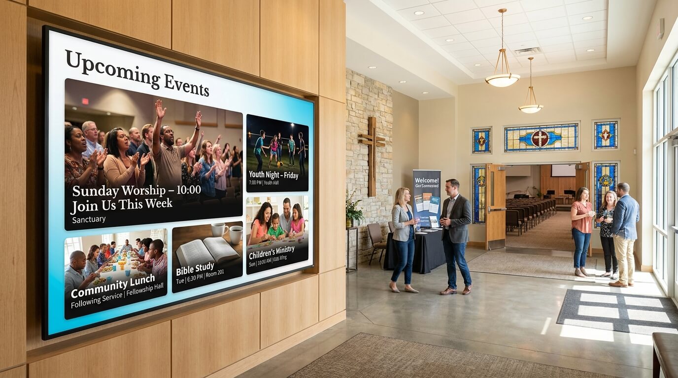 Church announcement screen displaying upcoming services, community events and ministry programmes