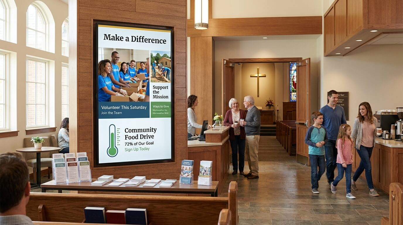Church campaign screen promoting volunteer opportunities, donation drives and community missions