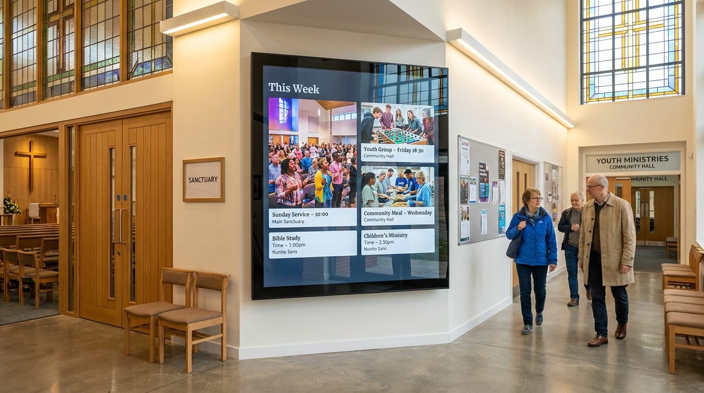 Church digital signage displaying service times, youth activities and community event schedules