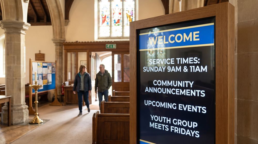 Church digital signage screen showing service times and community announcements from a side angle