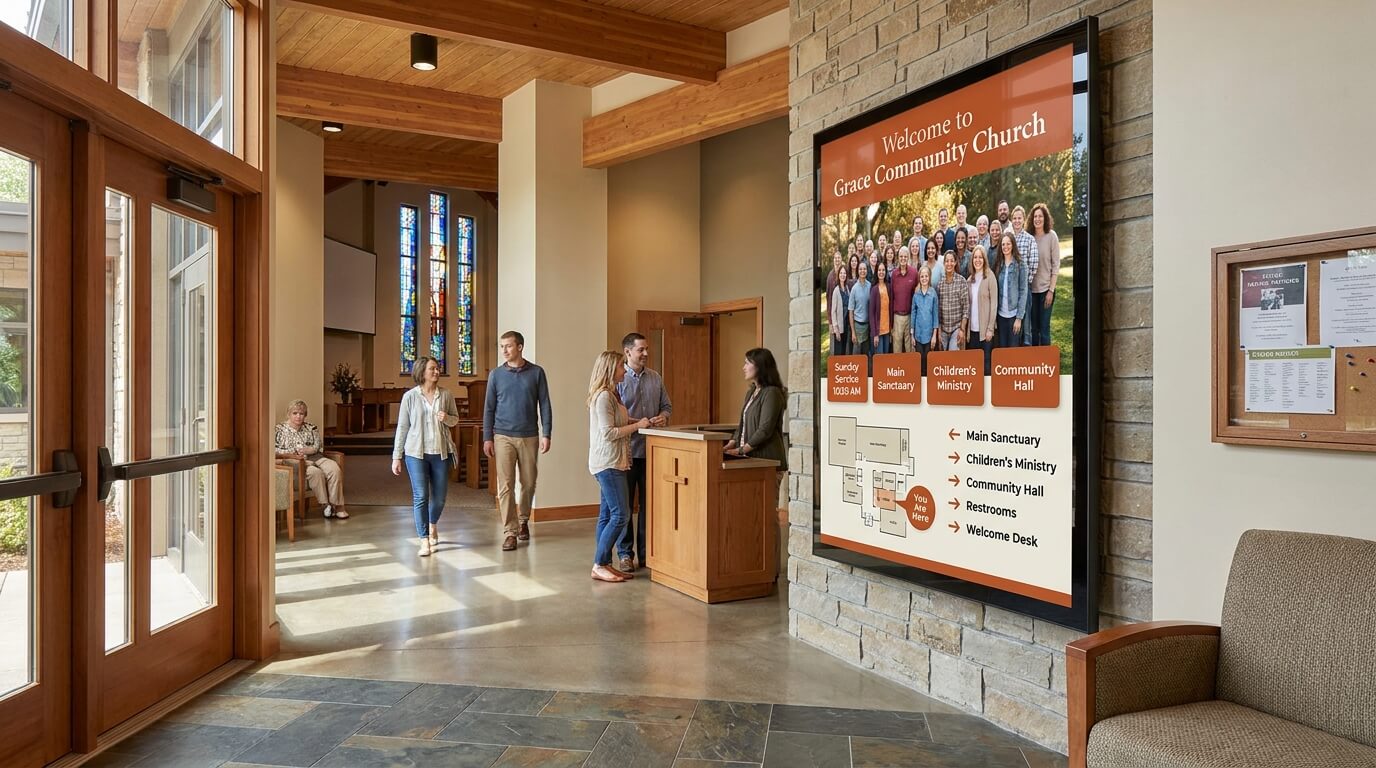 Church entrance screen displaying a welcome message and directions to the sanctuary and community rooms