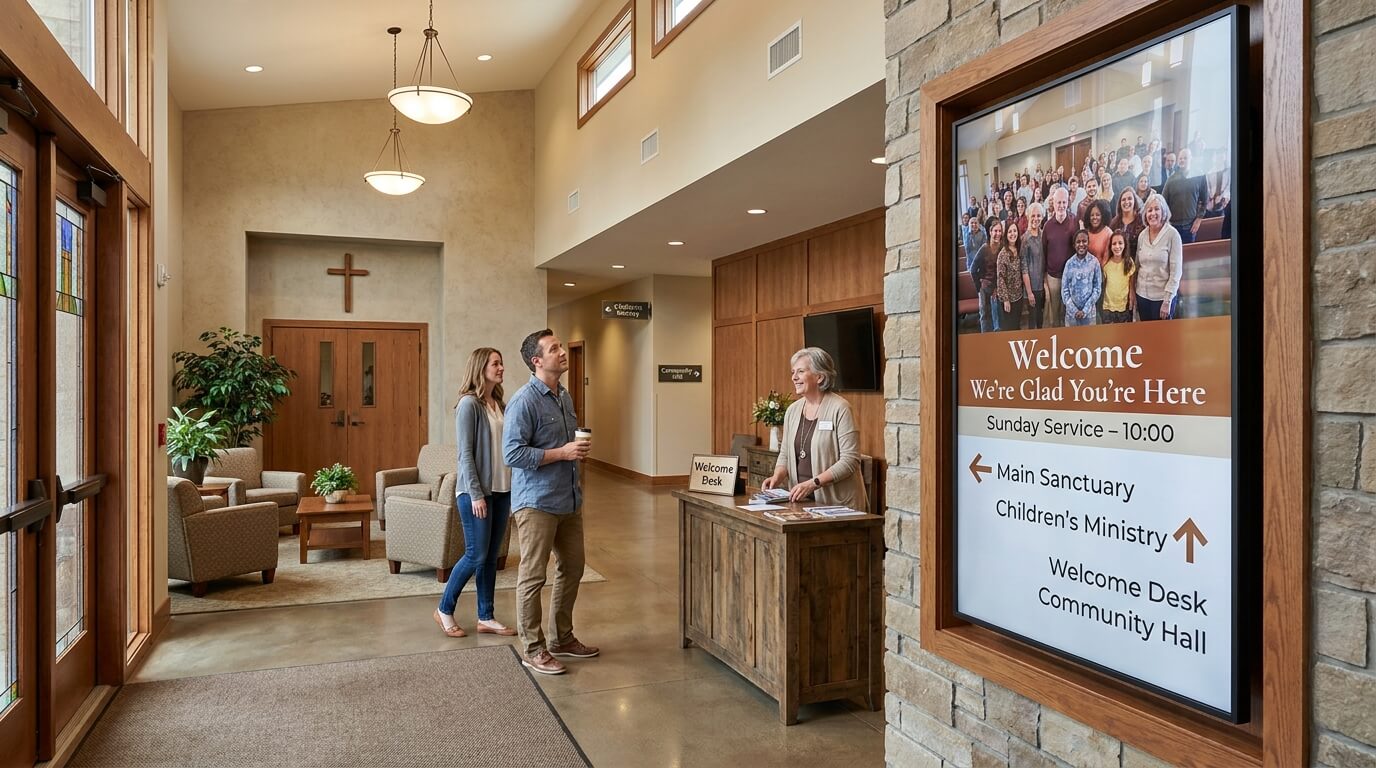 Church entrance screen displaying a welcome message, service time and directions for visitors