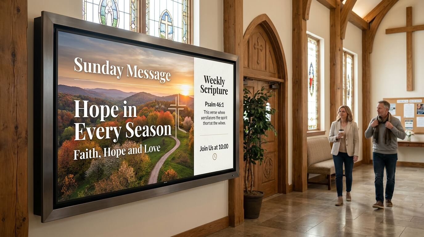 Church foyer screen displaying weekly scripture, sermon series artwork and service information