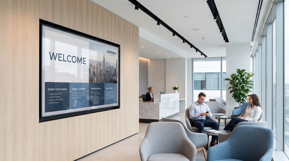 Commercial display screen showing visitor information in a modern waiting area