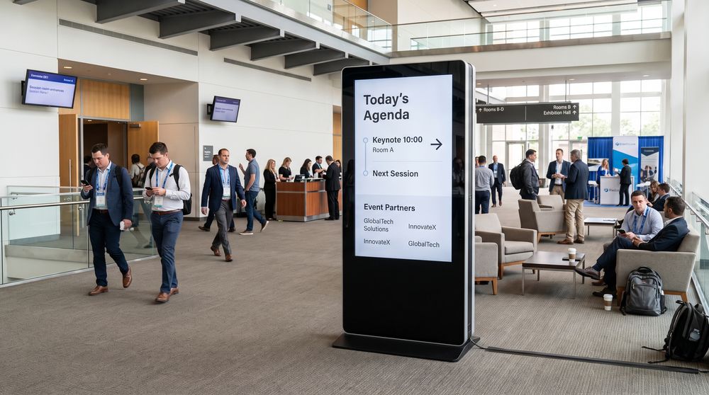 Conference digital signage displaying event agendas, session schedules and directions