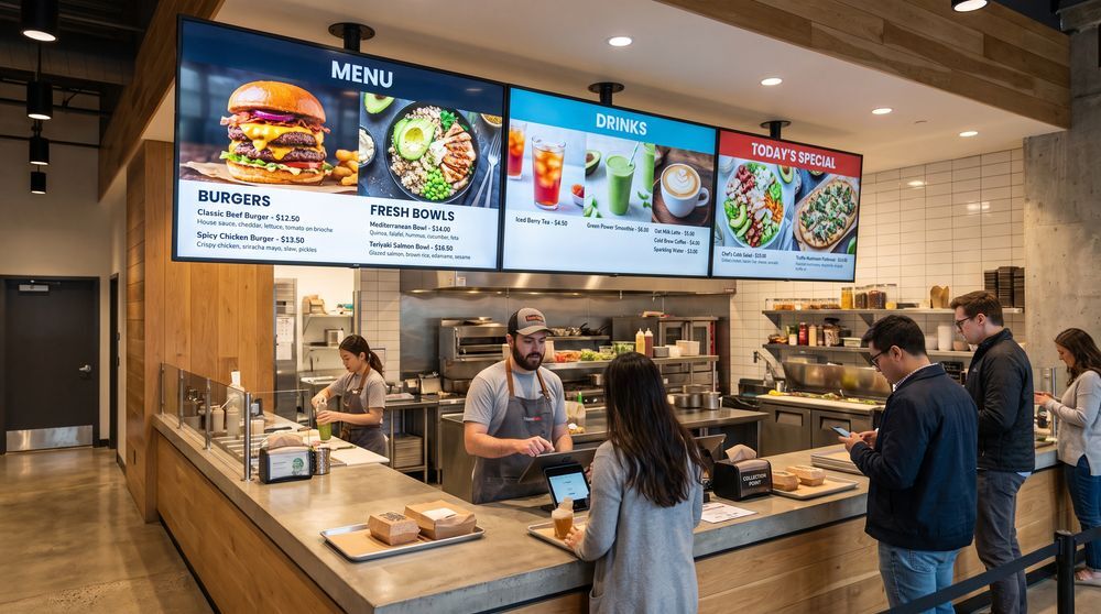 Digital menu boards displaying restaurant items, prices and descriptions above a service counter