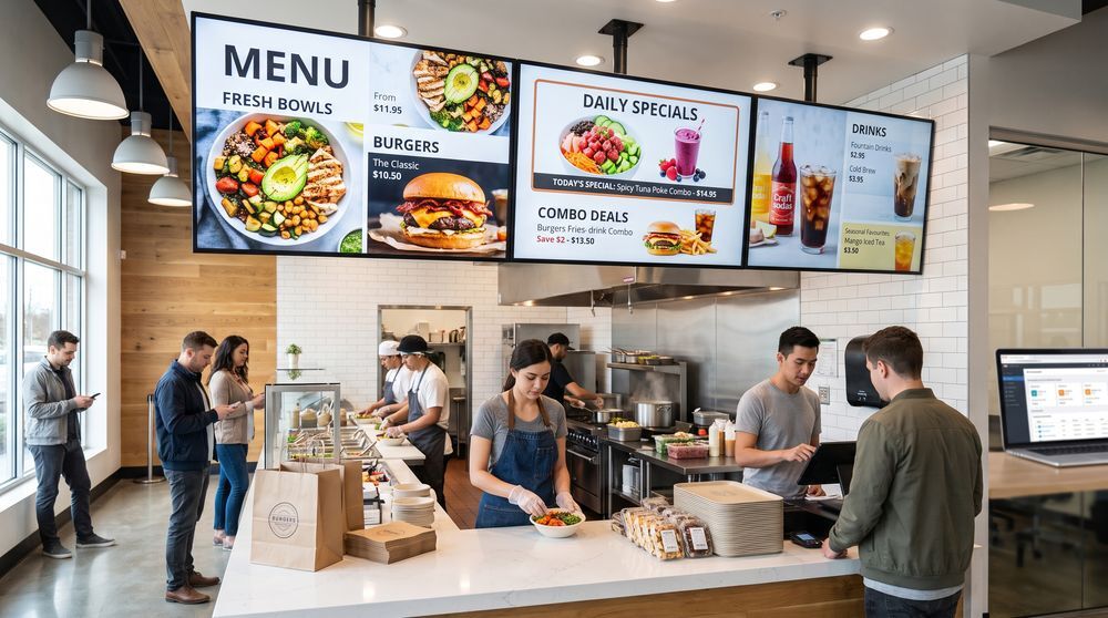 Digital menu boards displaying updated restaurant items, prices and daily specials above a service counter