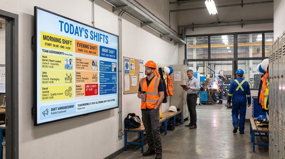 Digital shift board displaying factory schedules, team assignments and staff announcements