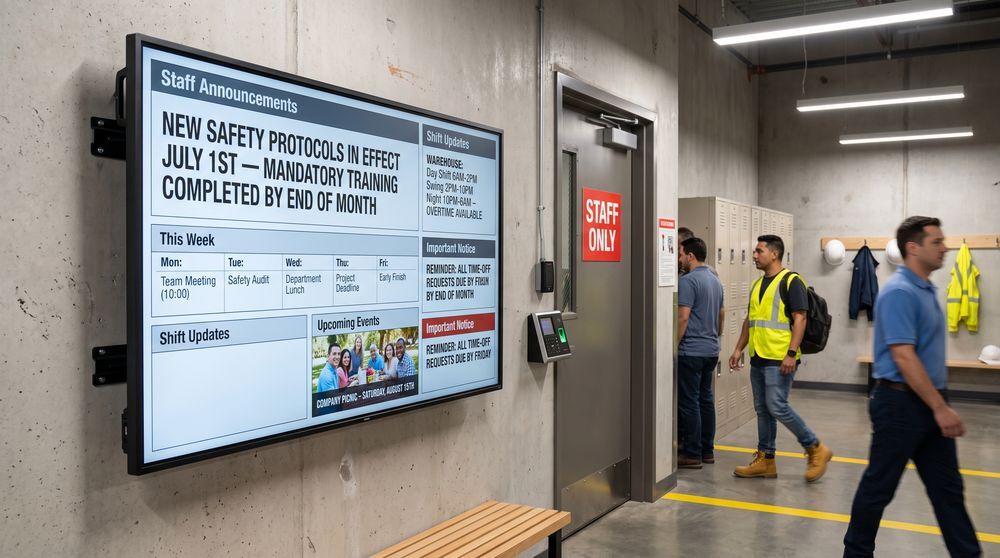 Digital staff bulletin board displaying workplace announcements and shift updates