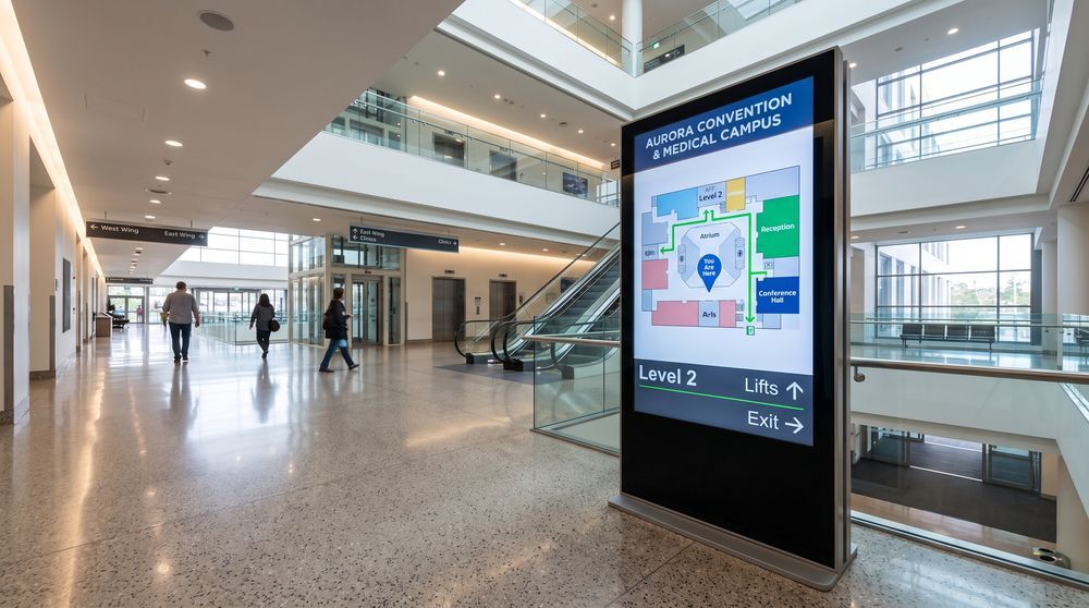Digital wayfinding screen displaying a floor map and directions inside a large building