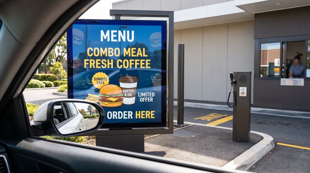 Drive-thru digital signage displaying menu options and promotional offers at an ordering point