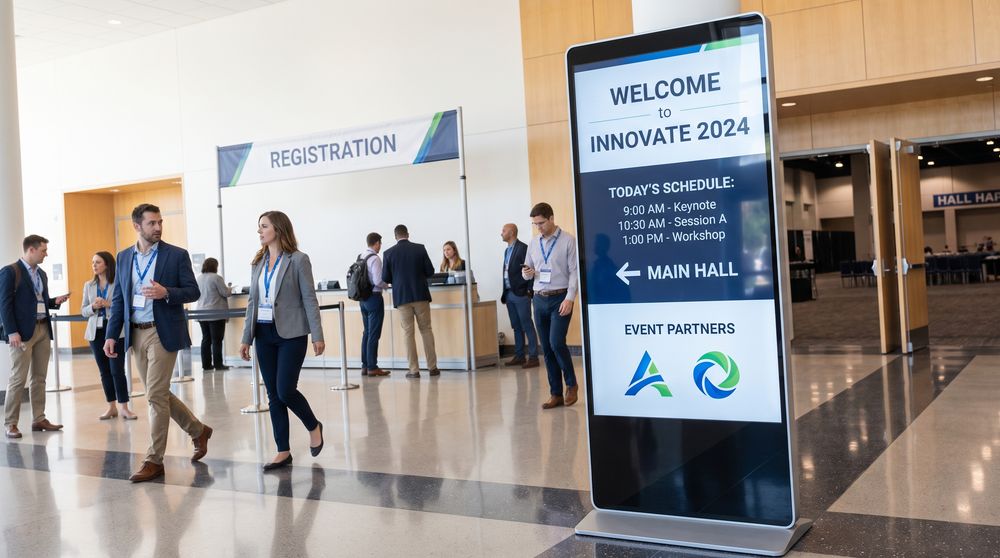 Event digital signage displaying schedules, directions and sponsor content in a venue foyer