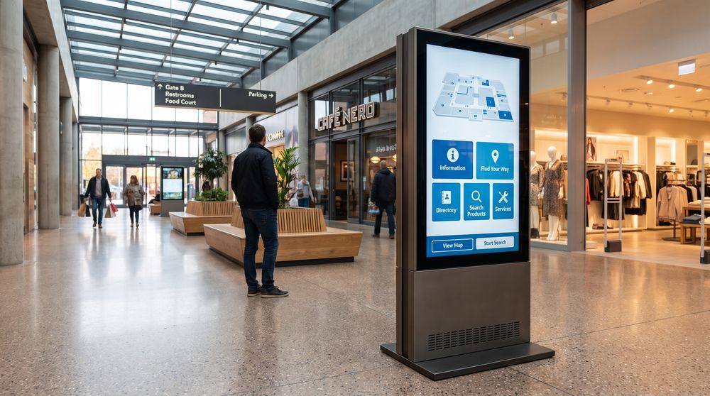 Freestanding digital kiosk providing self-service information and wayfinding in a public space