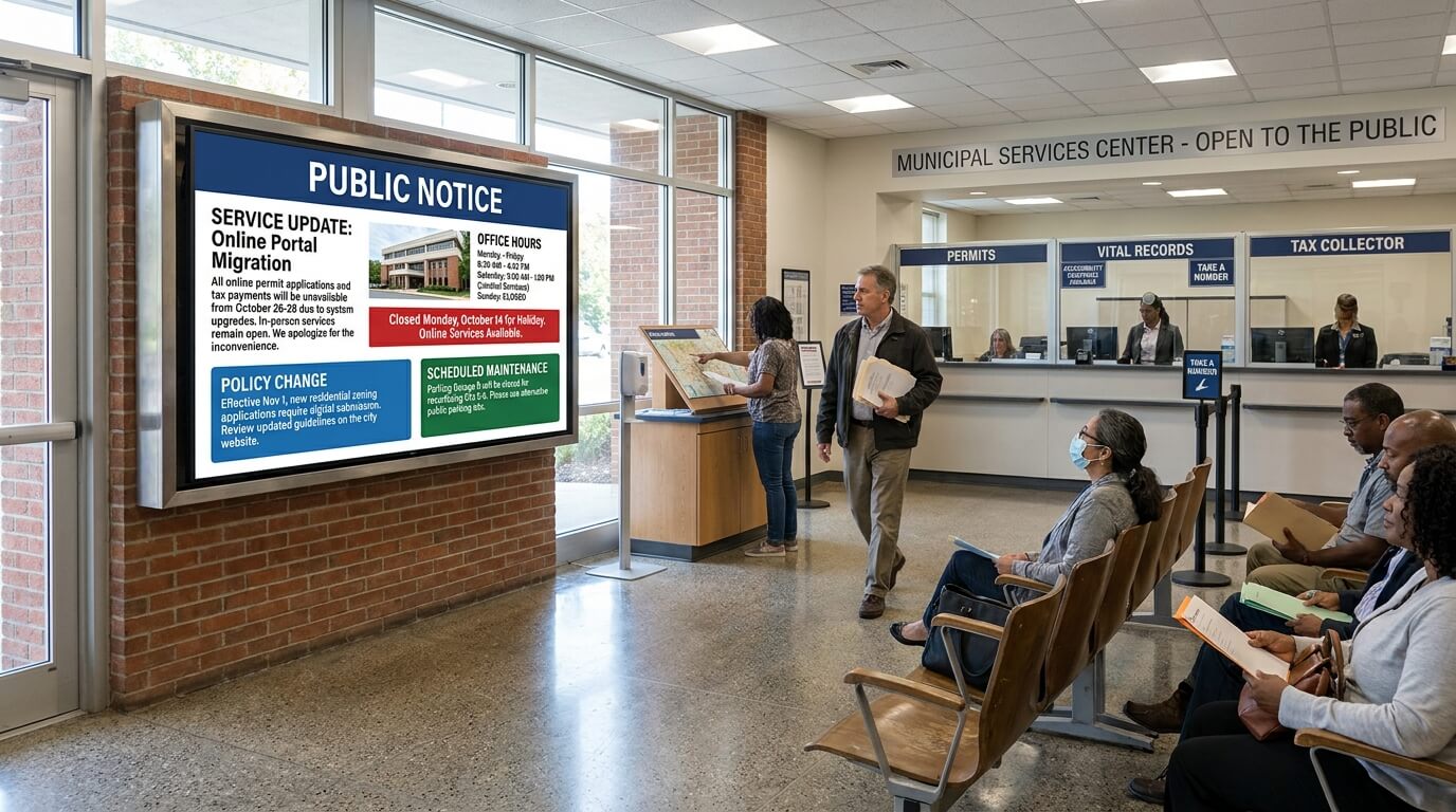 Government information screen displaying service updates, office hours, policy changes and maintenance notices