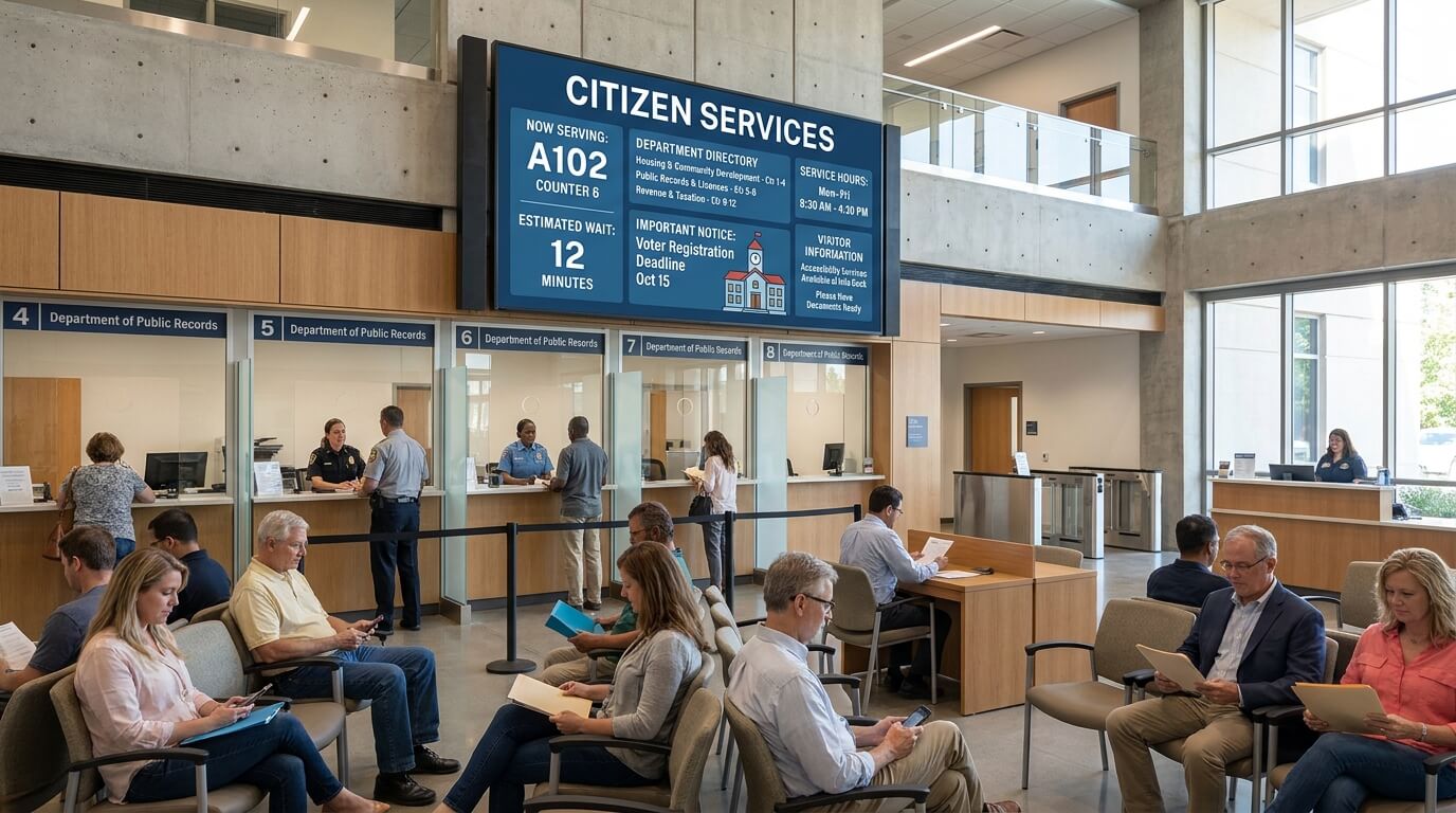 Government service screen displaying queue status, department directions, service hours and public notices