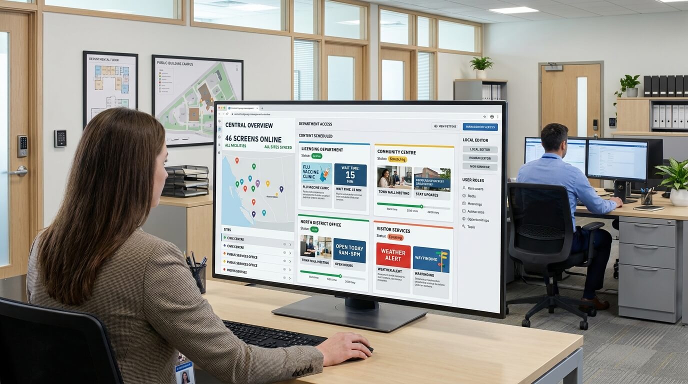 Government signage platform managing content across multiple public facilities and departments