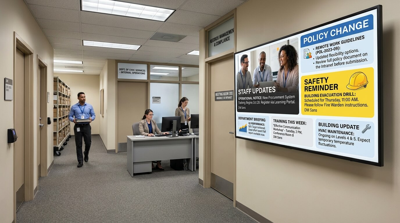 Government staff screen displaying operational updates, policy changes, safety notices and internal announcements