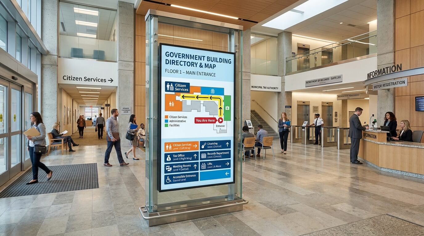 Government wayfinding screen displaying floor maps and directions to public service departments