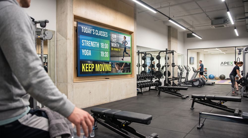 Gym digital signage displaying class schedules and membership offers above a modern workout area