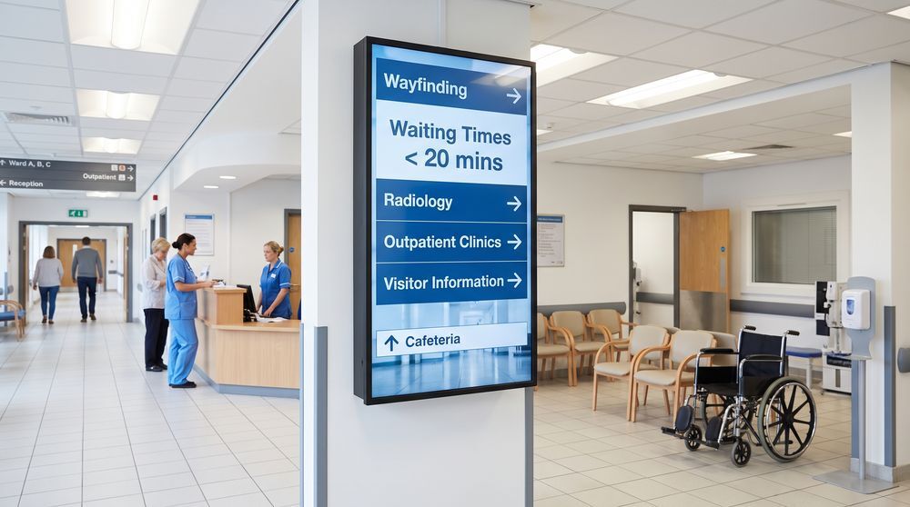 Hospital digital signage screen showing wayfinding and patient information in a waiting area