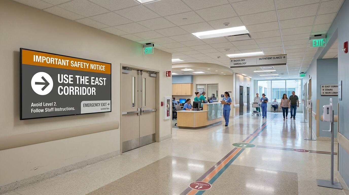 Hospital emergency alert screen displaying urgent safety instructions and exit directions