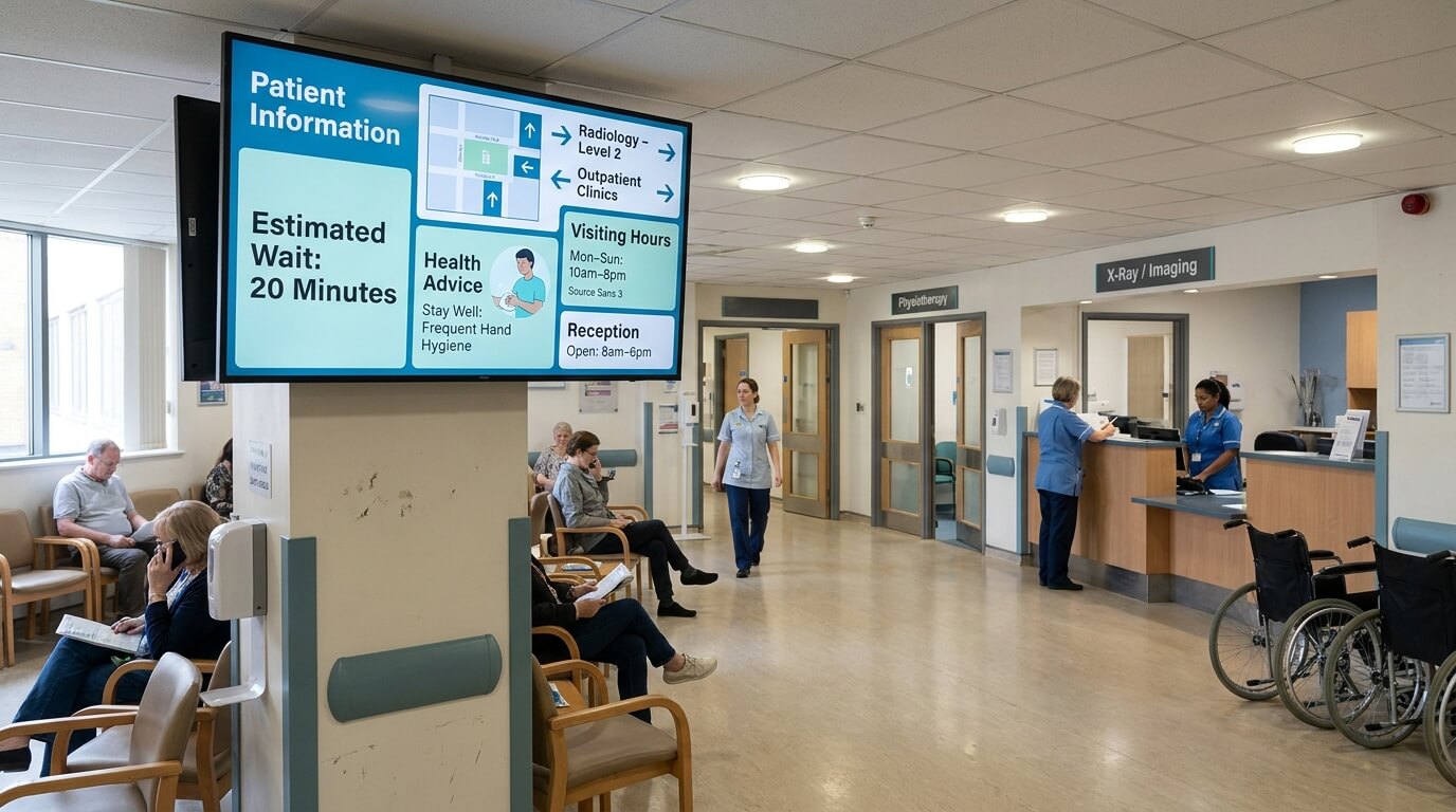 Hospital information screen displaying estimated wait times, department directions and visiting hours
