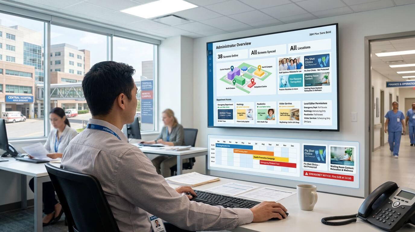 Hospital signage platform managing content across multiple campuses, buildings and departments
