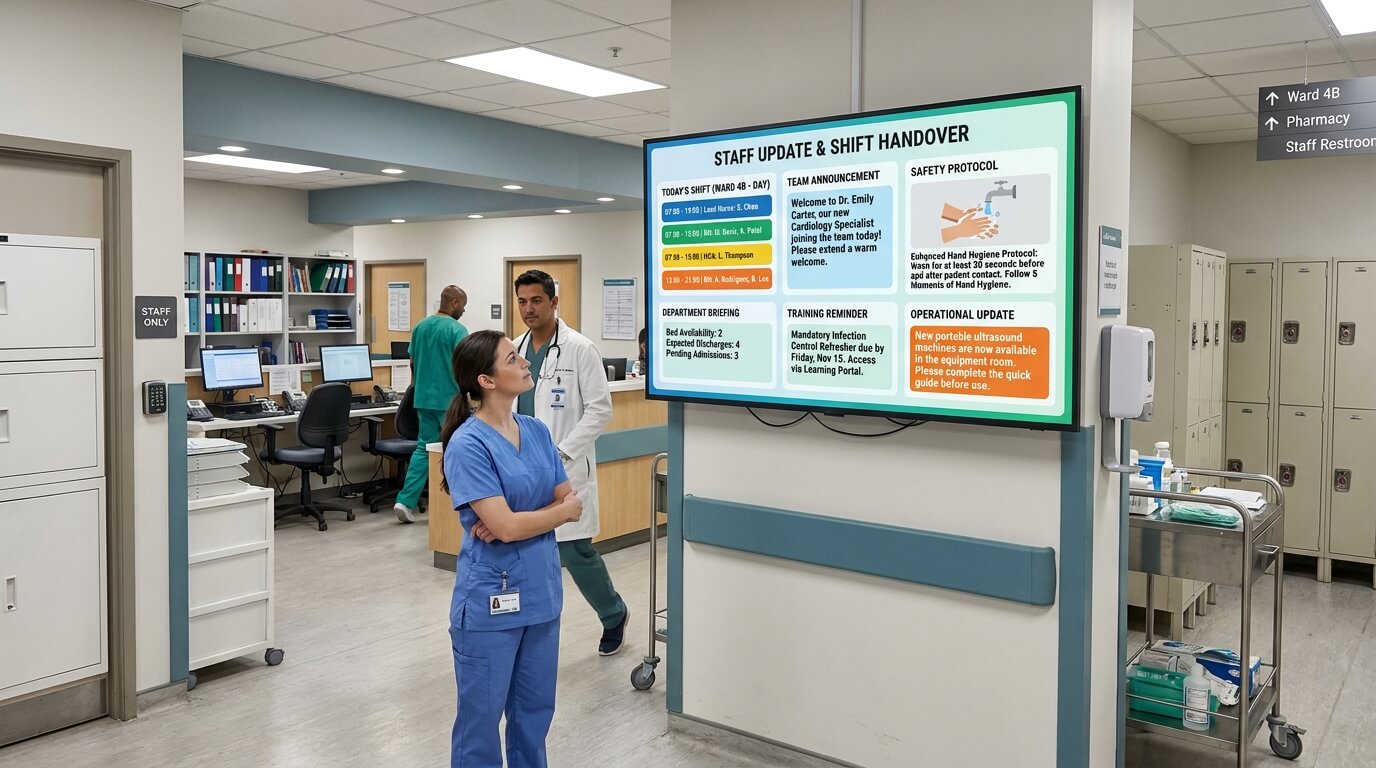Hospital staff communication screen displaying shift updates, announcements and safety protocols