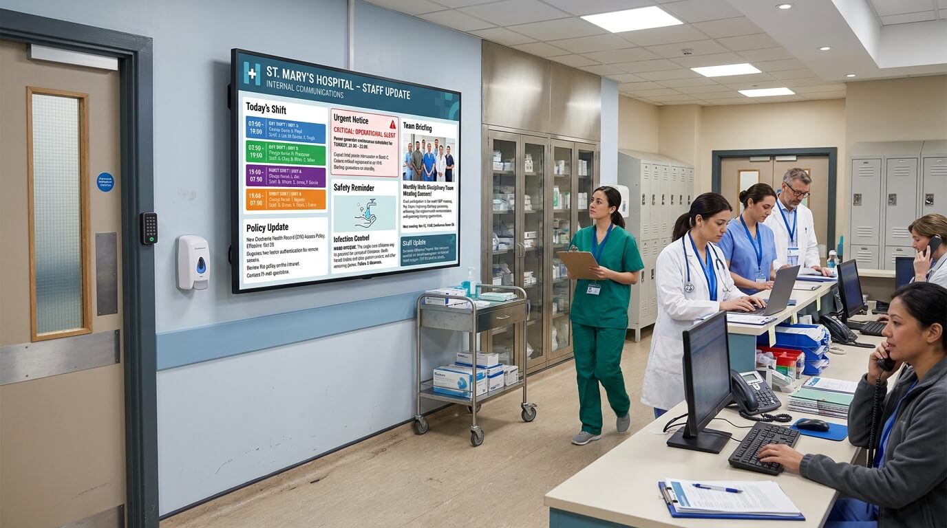 Hospital staff screen displaying shift schedules, policy updates, safety reminders and urgent notices