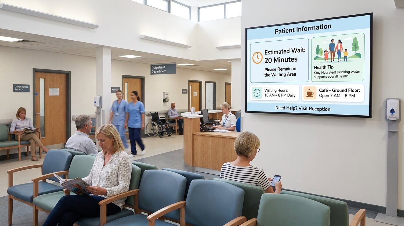 Hospital waiting room screen displaying estimated wait time, health tips and visitor information