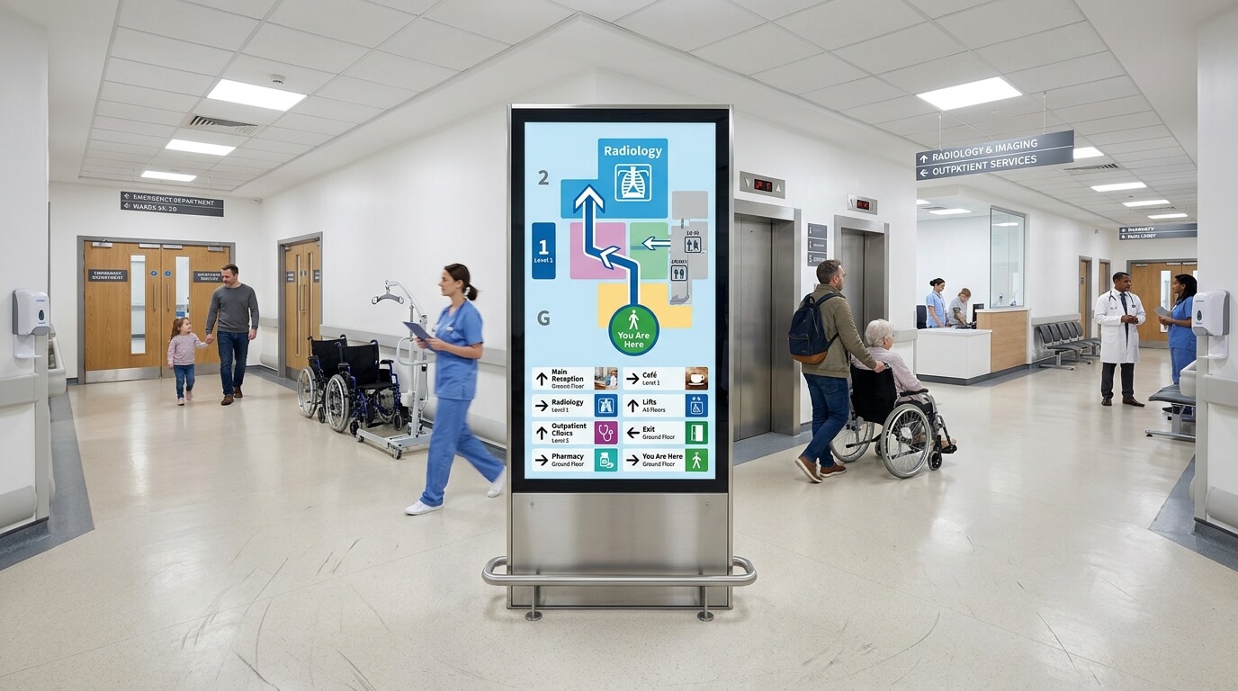 Hospital wayfinding display showing directions to departments, lifts and visitor facilities