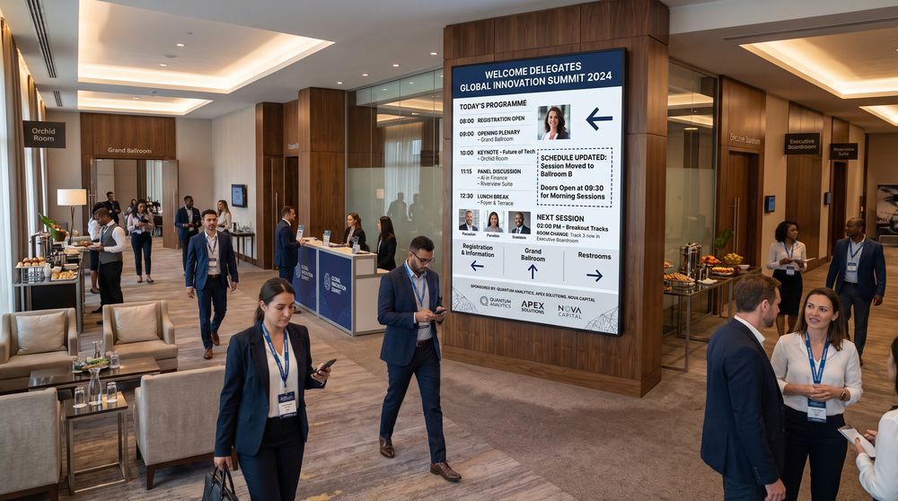 Hotel conference screen displaying event schedules, meeting-room assignments and attendee directions