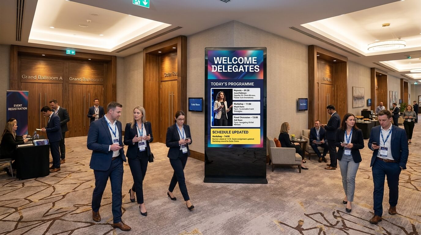 Hotel conference screen displaying event schedules, room assignments and a last-minute session update