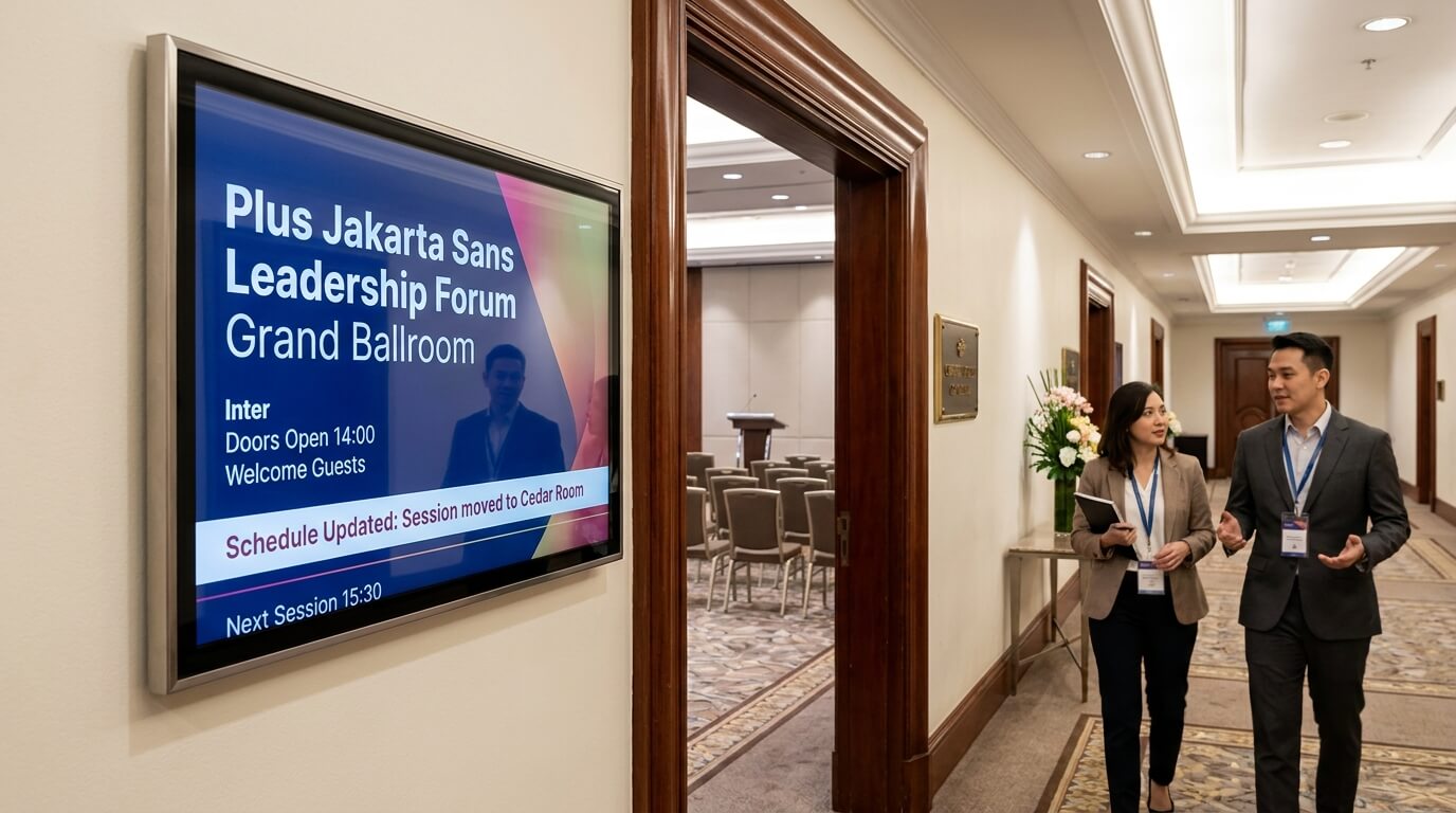 Hotel event room display showing a function schedule, room name and real-time update