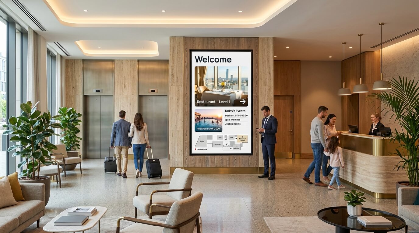 Hotel information screen showing restaurant directions, pool hours and daily events near the lobby lifts