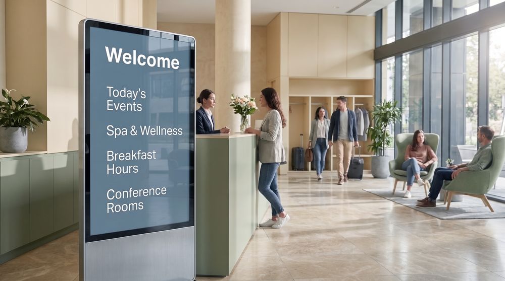 Hotel lobby digital signage screen displaying guest information near reception
